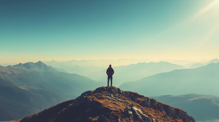 A solitary figure standing atop a vast mountain during daylight, soaking in the expansive views of distant peaks and valleys