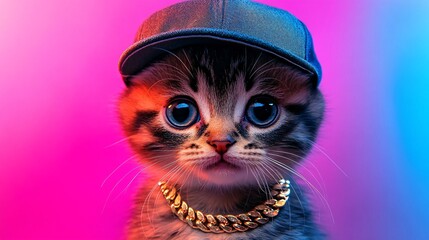 Hip hop style cat wearing a gold chain and tilted baseball cap posing against a bright colorful backdrop Stock Photo with side copy space