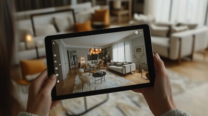 A person holds a tablet displaying an interior design app in a cozy, modern living room.