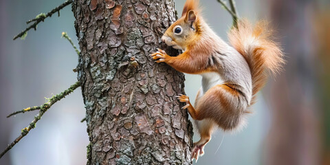 Obraz premium An inquisitive red squirrel climbing up a tree trunk, its fluffy tail acting as a balance while it searches for food.