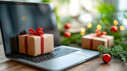Laptop screen displaying a vibrant holiday sale banner on an ecommerce website  The banner features a seasonal design with discounts and special offers for online shoppers