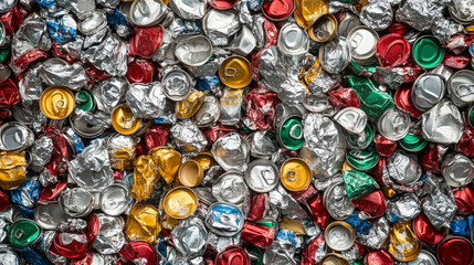 Fototapeta premium Crushed aluminum cans collected for recycling in a community effort to reduce waste and promote sustainability