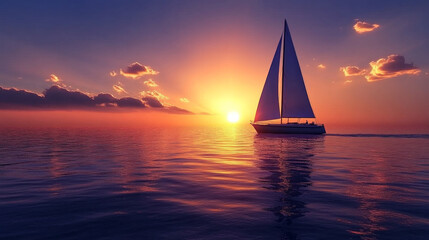 Fototapeta premium Sailing across a tranquil ocean at sunset with vibrant colors reflecting on calm waters
