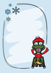 New Year card 2025. Vector illustration with the symbol of the year a snake riding a sled and snowflakes. Simple background with a frame for text, congratulations, wishes