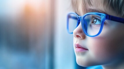 Young child wearing blue glasses focusing on distant tree outside window, symbolizing myopia prevention and importance of outdoor activities.