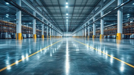 Obraz premium Empty warehouse with well-lit, polished floors, space optimization concept