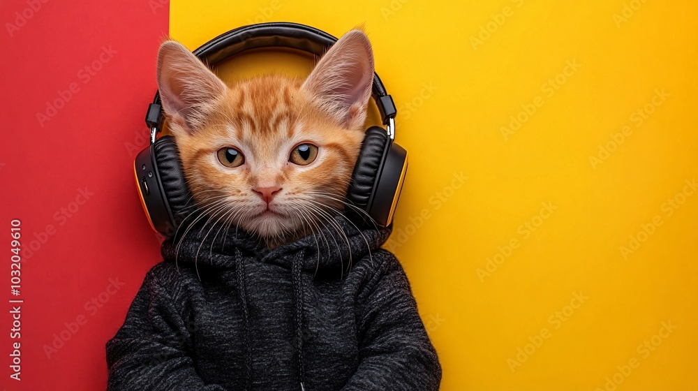 Poster kitten dressed in a hoodie with headphones around its neck posing in a hip hop style on a colorful b