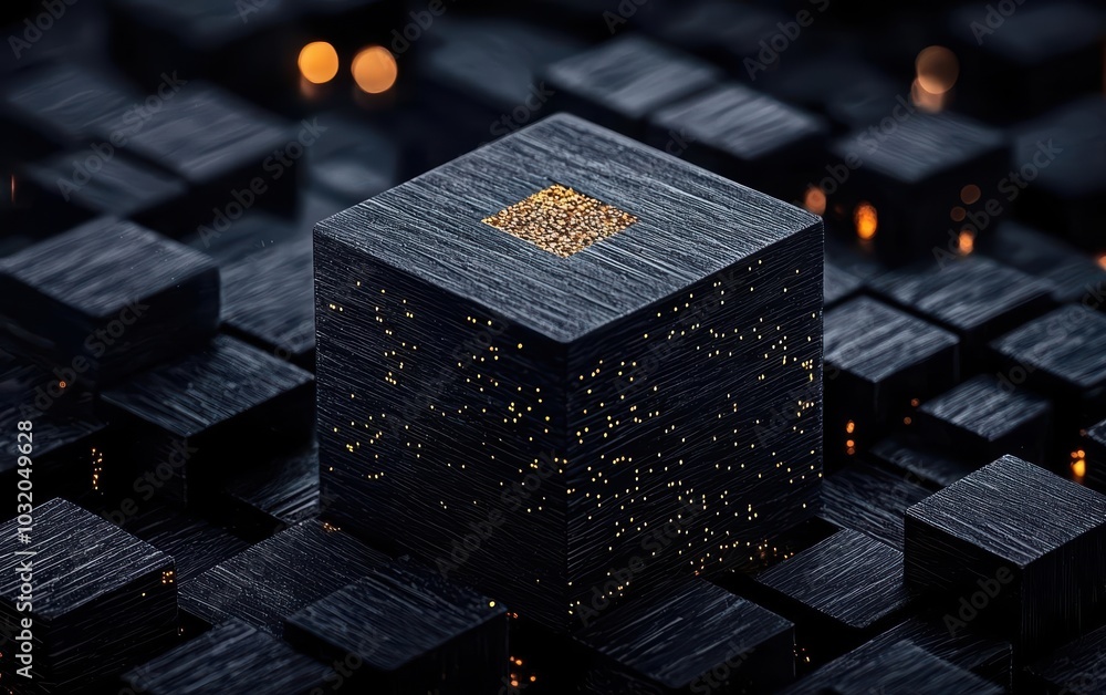 Poster a close-up view of a glowing cube surrounded by dark blocks, highlighting technological innovation.