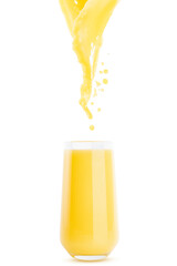 Flow of orange juice pour in drinking glass, levitated drops, splashes of juice, white background,...