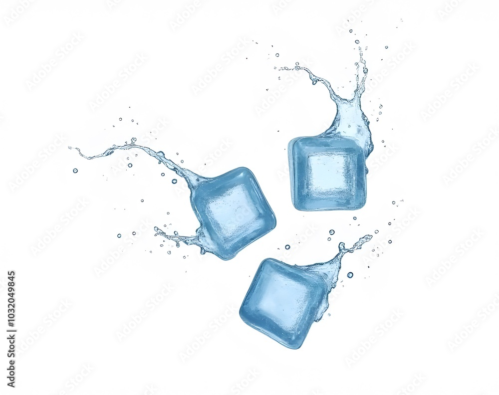 Poster Transparent PNG image of flying ice cubes with a water splash on a white background is isolated for digital use.