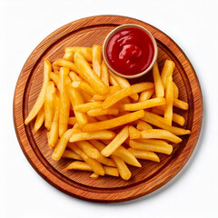 Homemade French Fries with Ketchup on a Plate, top view. Close-up.