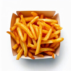 French fries in a white paper box isolated on white background.