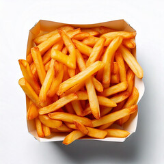 French fries in a white paper box isolated on white background.