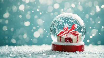 christmas snow globe on snowy winter background