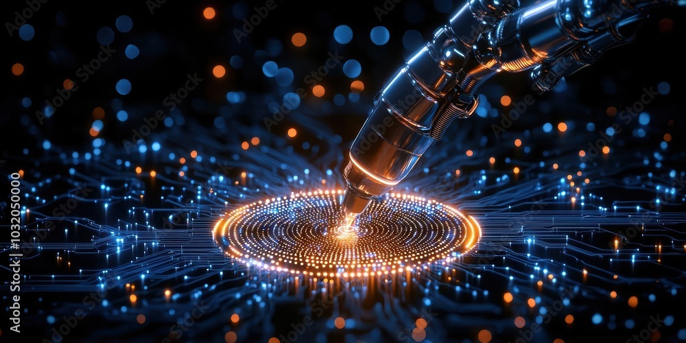 Aufkleber a robotic arm interacting with luminous circuit patterns, showcasing advanced technology and innovat
