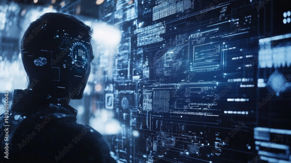 Poster a focused individual interacts with complex digital interfaces in a futuristic setting, showcasing a