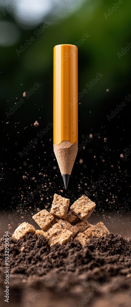 Poster a unique pencil emerging from soil with cubes, showcasing creativity in an artistic setting.