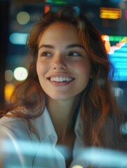 Obraz premium Modern Woman Smiling at Camera in Urban Environment