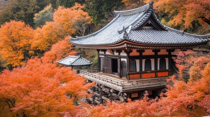 Fototapeta premium A Japanese temple surrounded by a vibrant sea of maple leaves, with detailed architecture and serene natural beauty.