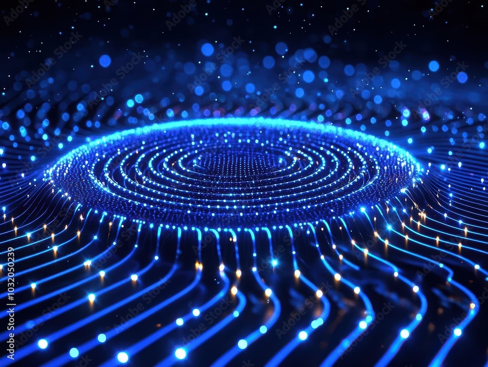 Poster abstract futuristic blue light waves creating a digital pattern with depth and vibrant details.