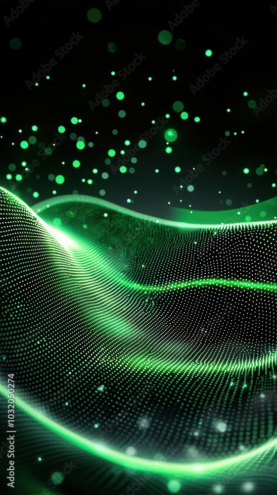 Poster abstract green waves with sparkling particles on a dark background.