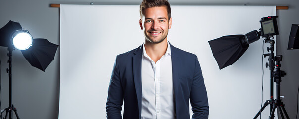Smartly dressed man standing confidently in a studio with softbox lights during a photoshoot session