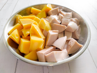Yellow and purple of Burmese tofu, Street food concept. Delicious and crispy. High protein. Vegan food.
