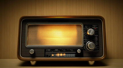 Fototapeta premium Vintage radio playing soft music in a cozy room setting, creating a warm atmosphere during a quiet evening