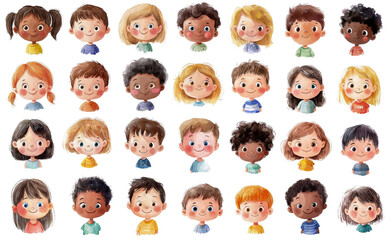 Collection of cartoon happy kids heads, multinational smiling children faces, isolated boys and girls watercolor avatars, kids emotions