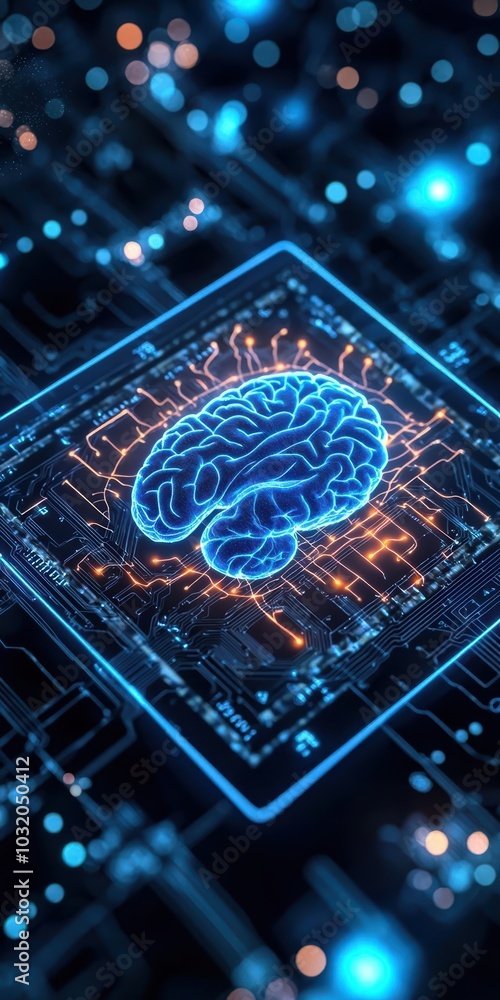 Poster blue digital brain with circuitry on a dark background, symbolizing ai and advanced technology.