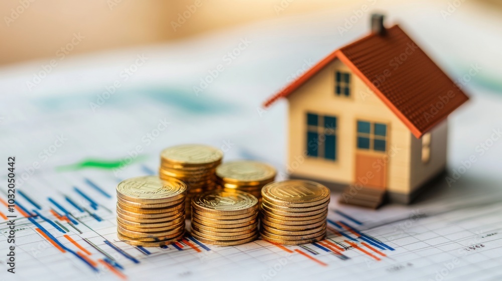 Poster Stacks of gold coins sit on a graph beside a model house. The graph has colorful lines and numbers.