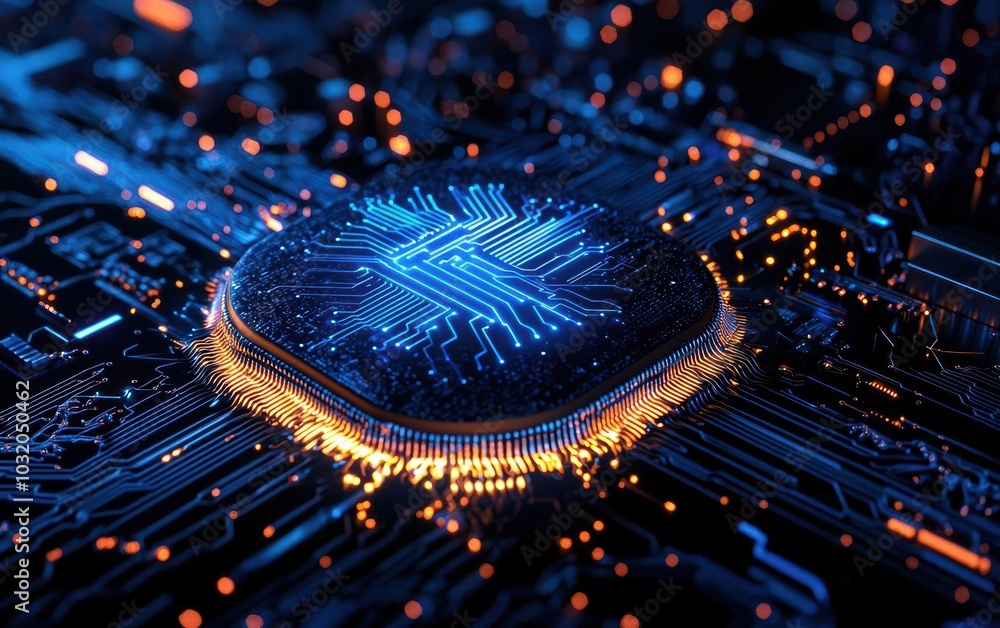Poster close-up of a blue glowing microchip on a dark circuit board with intricate details and lights.
