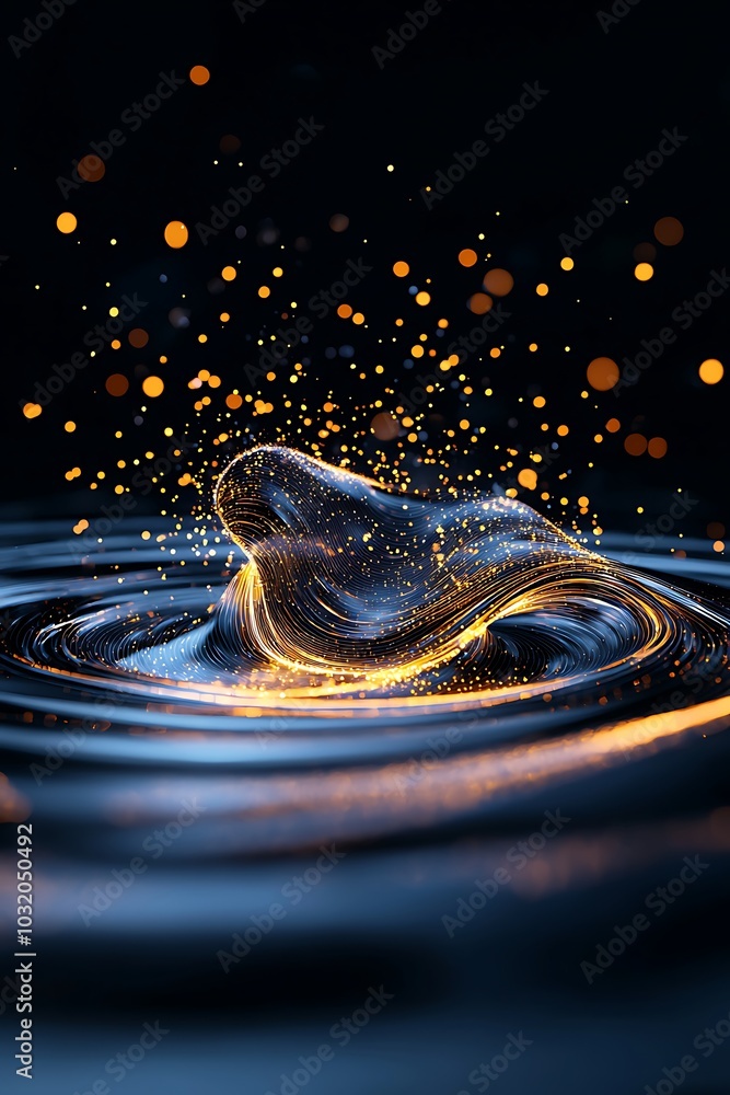 Poster a mesmerizing close-up of a water splash creating a stunning display of golden sparkles against a de