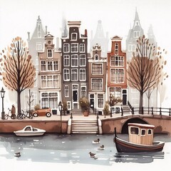 Watercolor illustration of Amsterdam, Netherlands. Printable watercolor painting