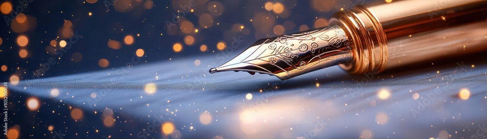 Poster close-up of a fountain pen nib with shimmering bokeh lights in the background.