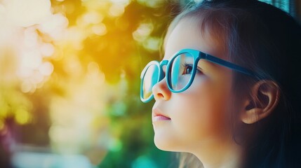 Young child wearing blue glasses focusing on distant tree outside window, symbolizing myopia prevention and importance of outdoor activities.