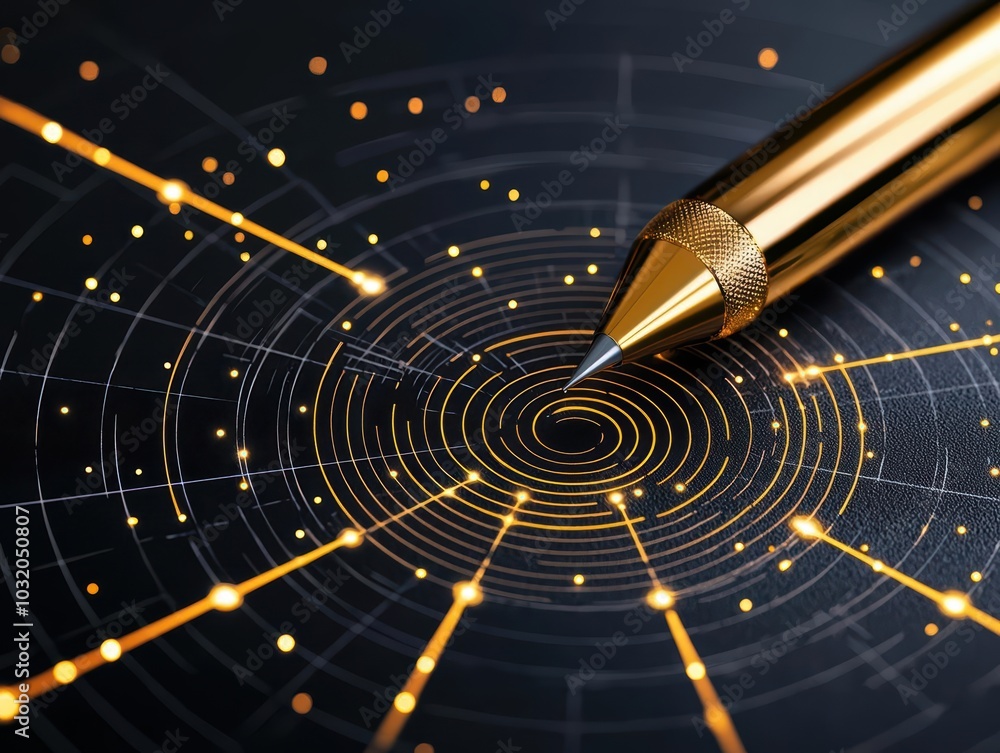 Poster close-up of a golden pen hovering over a circular design with glowing dots on a dark background.