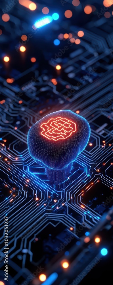 Poster close-up of a modern microchip with glowing circuit patterns, showcasing technological innovation.