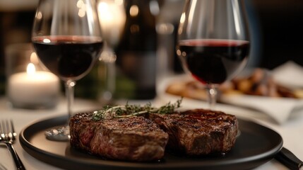 Elegant table setting with steaks and red wine for romantic dinner. Romantic dinner setting.