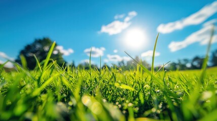 Obraz premium Sunny image capturing bright blue sky above lush green grass appreciating nature's beauty.