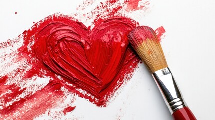 Red heart painted with brush on white background, symbolizing Valentine's Day romantic affection.