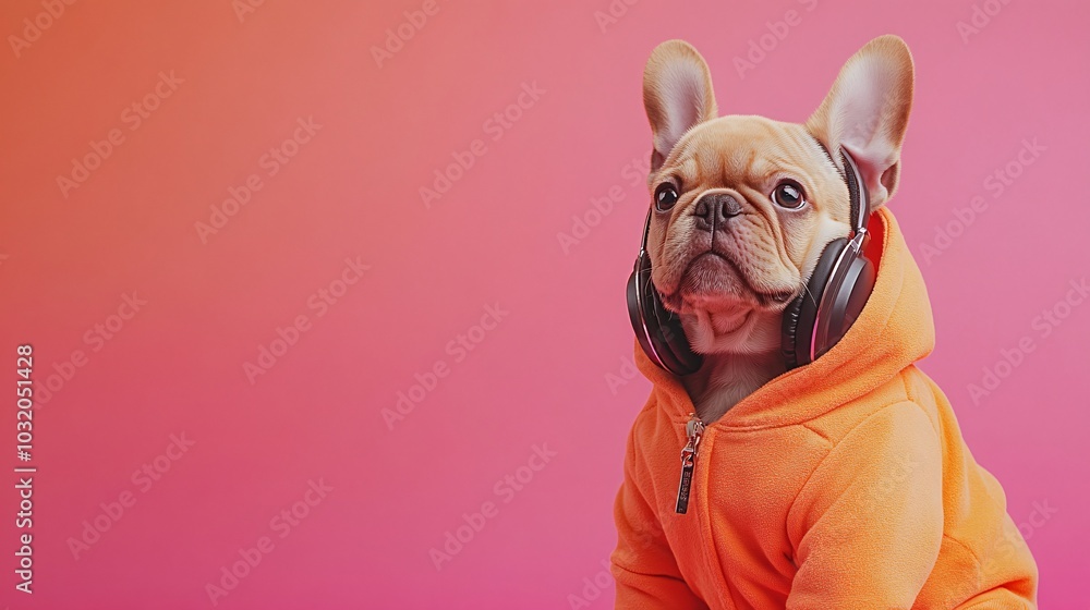 Poster puppy dressed in a hoodie with headphones around its neck posing in a hip hop style on a colorful ba