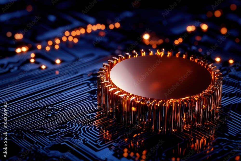 Poster close-up of a shiny copper component on a circuit board, illuminated with soft glowing lights.
