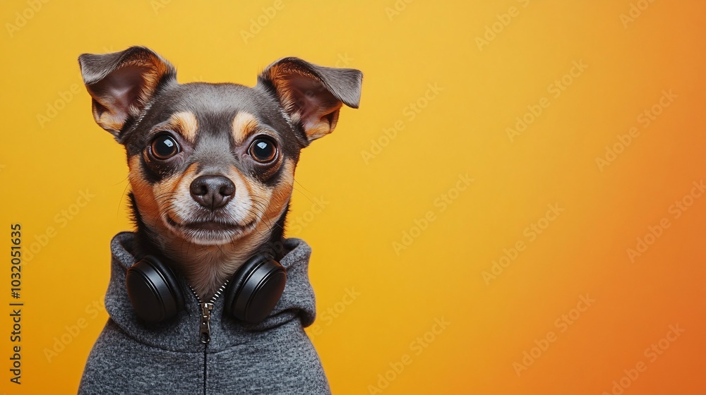 Aufkleber puppy dressed in a hoodie with headphones around its neck posing in a hip hop style on a colorful ba
