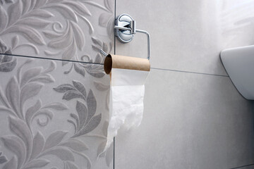 Toilet paper hanger with empty toilet paper roll hanging on it next to sink.