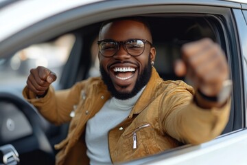 Joyful african american guy holding auto key shaking fists sitting in automobile, Generative AI