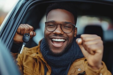Joyful african american guy holding auto key shaking fists sitting in automobile, Generative AI