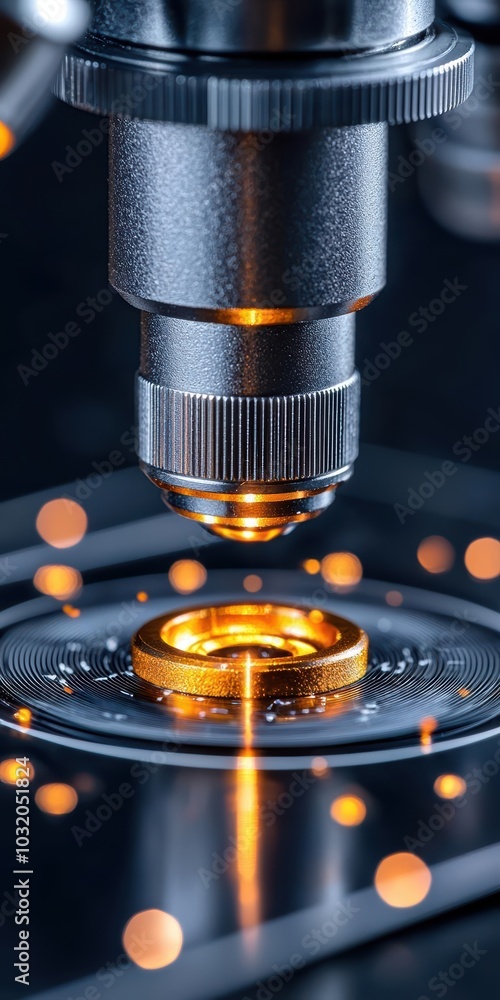 Poster close-up view of a microscope lens with illuminated sample, showcasing intricate details in scientif