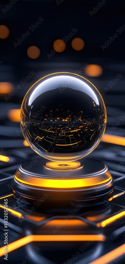 Poster crystal clear sphere reflecting dynamic lights on a futuristic surface.