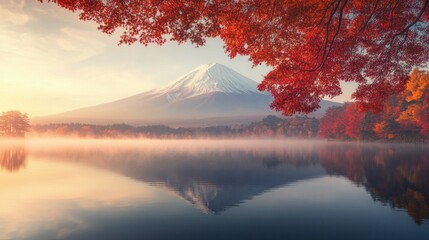 Colorful Autumn Season with Mountain Fuji, morning fog and red leaves at lake Kawaguchiko, stunning cultural natural blend. Nature